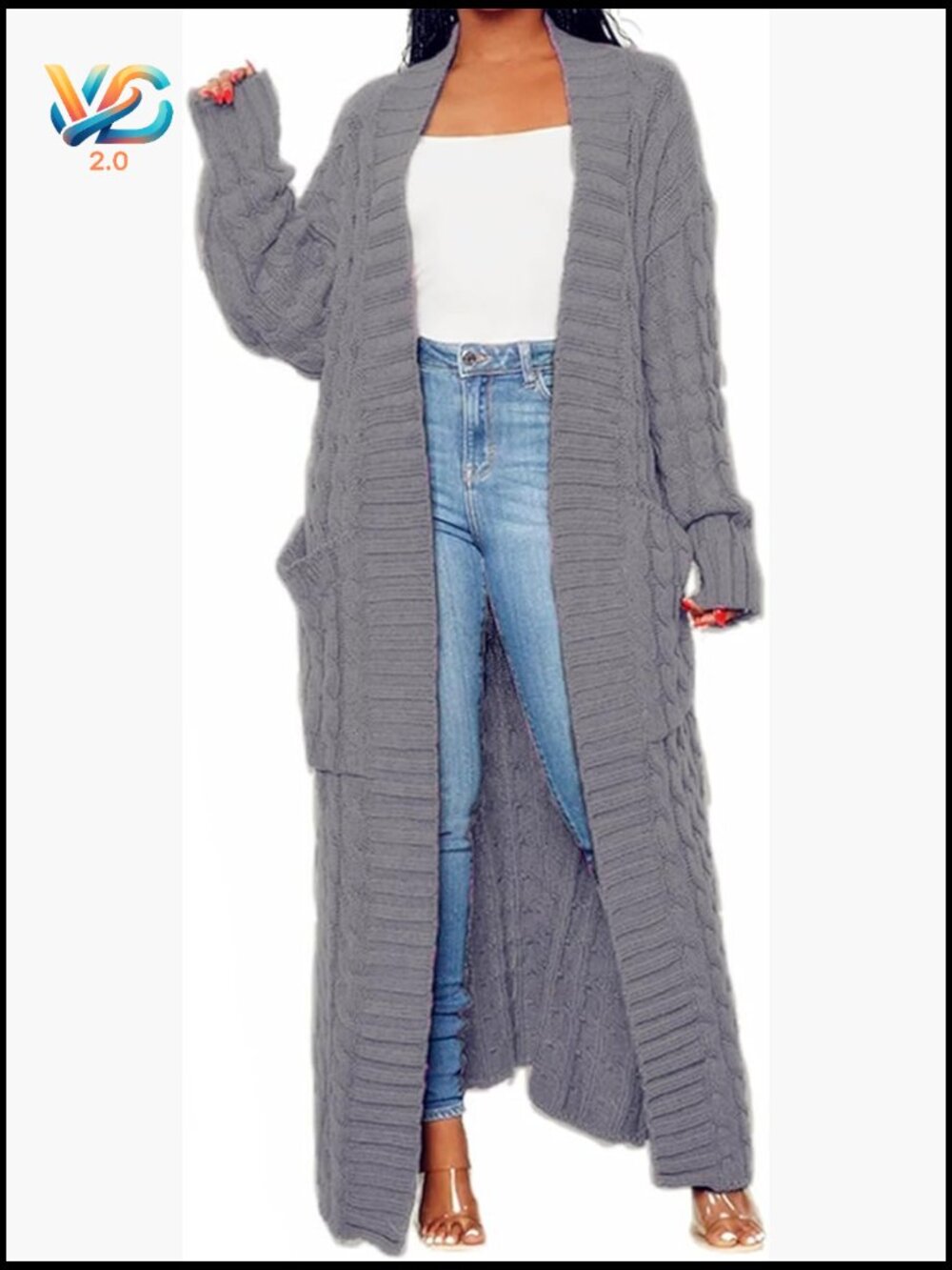 Cable Knit Chunky Cardigan with Pockets Maxi Length